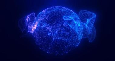 Abstract round blue sphere light bright glowing from rays of energy and magic waves from particles and dots, abstract background photo