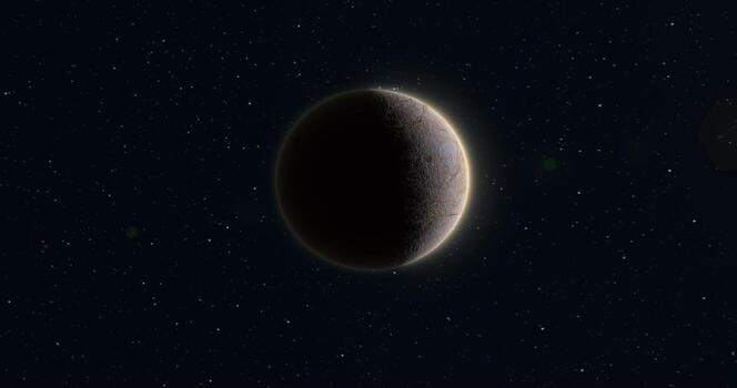 Abstract realistic space planet round sphere with a stone relief surface in space against the background of stars photo