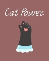 Vector postcard of cat paws, cat power inscription, heart finger gestures
