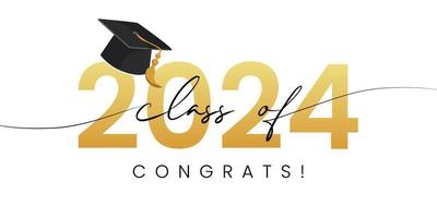 Class of 2024, word lettering script banner. Congrats Graduation lettering with academic cap. Template for design party high school or college, graduate invitations. vector