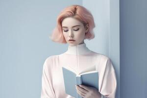 joven mujer con un libro en pastel colores, creado con generativo ai foto