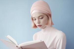 joven mujer con un libro en pastel colores, creado con generativo ai foto