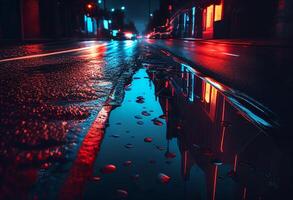 Night city street with wet asphalt and reflections of neon lights. 3d rendering photo