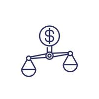 Scales and money, financial balance line icon on white vector