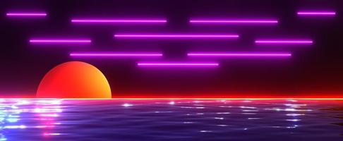 Neon sea with setting sun and laser abstract clouds background photo