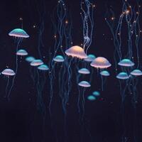 Jellyfish swimming in the ocean. 3D rendering. Underwater world. photo