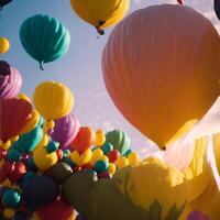 Colorful hot air balloons flying in the blue sky at the festival. . photo