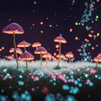 3d illustration of fantasy mushrooms with bokeh lights and particles. photo