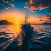 Yacht in the sea at sunset. Dramatic and picturesque scene. Generate AI photo