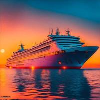 Cruise ship in the sea at sunset. Colorful sunset. Generate AI photo