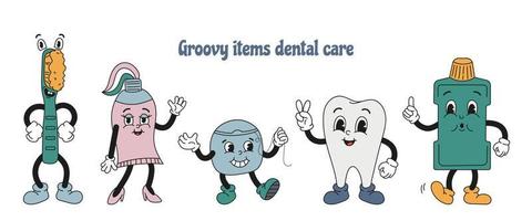 Dental hygiene items concept in old classic cartoon style. Vintage cute characters isolated on white background. Set of tooth, toothpaste, brush, dental floss, mouthwash. Dental care vector