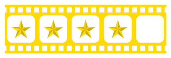 visuell av de fem 5 stjärna tecken i de filmremsa silhuett. betyg ikon symbol för filma eller film recension, piktogram, appar, hemsida eller grafisk design element. betyg 4 stjärna. formatera png