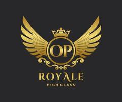 Golden Letter OP template logo Luxury gold letter with crown. Monogram alphabet . Beautiful royal initials letter. vector