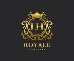 Golden Letter LH template logo Luxury gold letter with crown. Monogram alphabet . Beautiful royal initials letter. vector