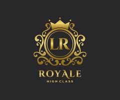 Golden Letter LR template logo Luxury gold letter with crown. Monogram alphabet . Beautiful royal initials letter. vector