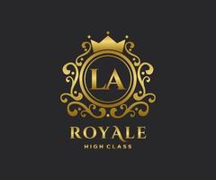 Golden Letter LA template logo Luxury gold letter with crown. Monogram alphabet . Beautiful royal initials letter. vector