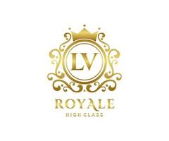 Golden Letter LV template logo Luxury gold letter with crown. Monogram alphabet . Beautiful royal initials letter. vector