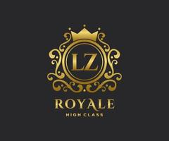 Golden Letter LZ template logo Luxury gold letter with crown. Monogram alphabet . Beautiful royal initials letter. vector