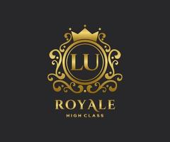 Golden Letter LU template logo Luxury gold letter with crown. Monogram alphabet . Beautiful royal initials letter. vector