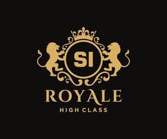 Golden Letter SI template logo Luxury gold letter with crown. Monogram alphabet . Beautiful royal initials letter. vector