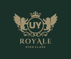 Golden Letter UY template logo Luxury gold letter with crown. Monogram alphabet . Beautiful royal initials letter. vector