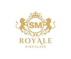 Golden Letter SM template logo Luxury gold letter with crown. Monogram alphabet . Beautiful royal initials letter. vector