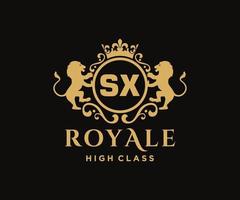 Golden Letter SX template logo Luxury gold letter with crown. Monogram alphabet . Beautiful royal initials letter. vector