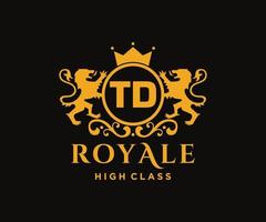 Golden Letter TD template logo Luxury gold letter with crown. Monogram alphabet . Beautiful royal initials letter. vector