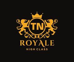 Golden Letter TN template logo Luxury gold letter with crown. Monogram alphabet . Beautiful royal initials letter. vector