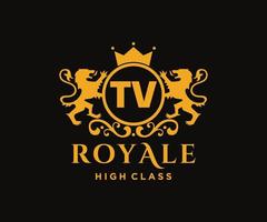 Golden Letter TV template logo Luxury gold letter with crown. Monogram alphabet . Beautiful royal initials letter. vector