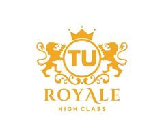 Golden Letter TU template logo Luxury gold letter with crown. Monogram alphabet . Beautiful royal initials letter. vector