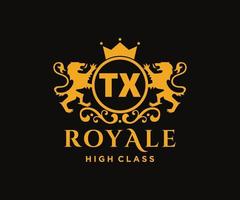Golden Letter TX template logo Luxury gold letter with crown. Monogram alphabet . Beautiful royal initials letter. vector