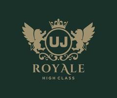 Golden Letter UJ template logo Luxury gold letter with crown. Monogram alphabet . Beautiful royal initials letter. vector