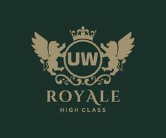 Golden Letter UW template logo Luxury gold letter with crown. Monogram alphabet . Beautiful royal initials letter. vector