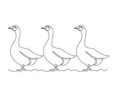 three abstract geese stand in a row,hand drawn, continuous mono line, one line art vector