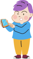 Lycklig och roligt söt barn använder sig av smartphone tecknad serie karaktär klotter hand dragen design för dekoration. png