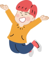 Happy cute kid jump cartoon character doodle hand drawn design for decoration. png