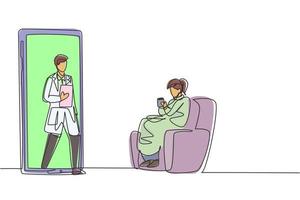 Single continuous line drawing female patient sitting curled up on sofa, using blanket, holding mug and there is male doctor walking out of smartphone, holding clipboard. Dynamic one line draw graphic vector