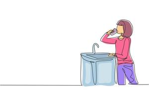 Single one line drawing girl drinking water from ready-to-drink faucet. Thirst and dehydration due to heat during the day. Fresh moment. Modern continuous line draw design graphic vector illustration