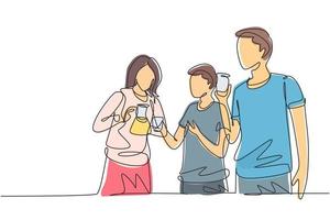 Single one line drawing teenagers celebrate togetherness and friendship by drinking hot tea. Relaxing and refresh moment in life. Modern continuous line draw design graphic vector illustration