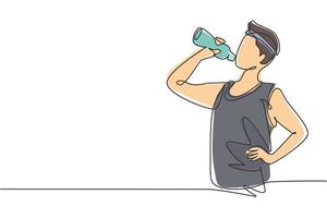 Single continuous line drawing young man drinking fresh water from a bottle with his right hand after exercising. Healthy lifestyles concept. Dynamic one line draw graphic design vector illustration