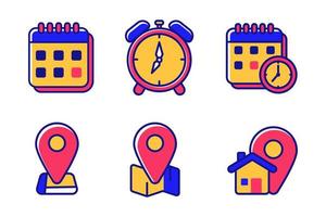 Set of time and location icons with a colorful design on isolated background vector