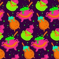 Vector Halloween pattern with a cauldron on violet background. Holiday decoration. Holiday backdrop for wrapping paper, fabric, textile, scrapbook. Vector cartoon seamless pattern