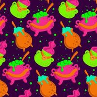 Vector Halloween pattern with a cauldron on violet background. Holiday decoration. Holiday backdrop for wrapping paper, fabric, textile, scrapbook. Vector cartoon seamless pattern