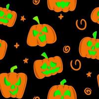 Halloween seamless pattern. Vector illustration of Halloween party. Pumpkin on a dark background. Vector cartoon seamless pattern. Holiday backdrop for wrapping paper, fabric, textile, scrapbook.