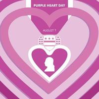 nacional púrpura corazón día, rosado amor símbolo para 7mo agosto monumento día, moderno antecedentes vector ilustración