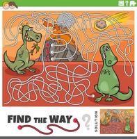 find the way maze game with cartoon dinosaurs characters vector