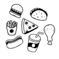 Set of fast food vector illustration with doodle drawing style isolated on white background