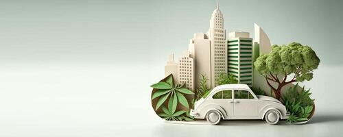 Eco friendly car banner with copy space paper cut style, Renewable and sustainable energy. photo