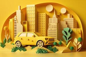 Eco friendly car with cityscape paper cut style, Renewable and sustainable energy concept. photo